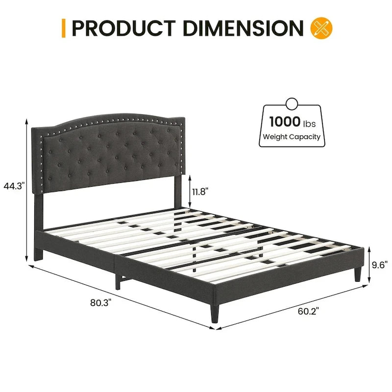 Base de cama tapizada con capitoné y plataforma, estilo Wingback, en gris o negro – Matrimonial / Queen, 2 personas
