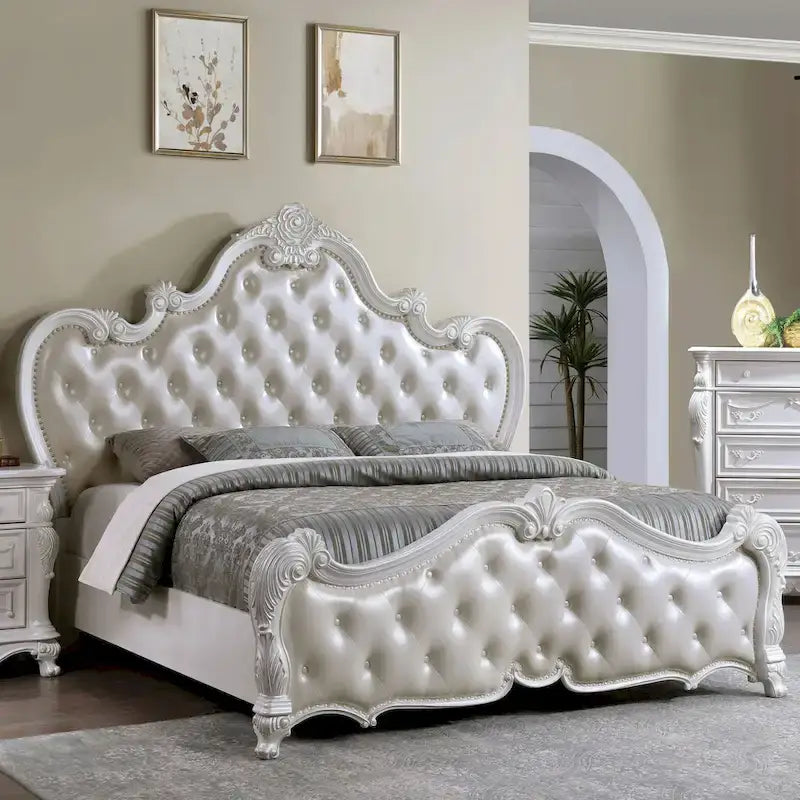 Cama de panel tradicional de madera maciza blanca/cerezo oscuro – King/Queen, 2 plazas