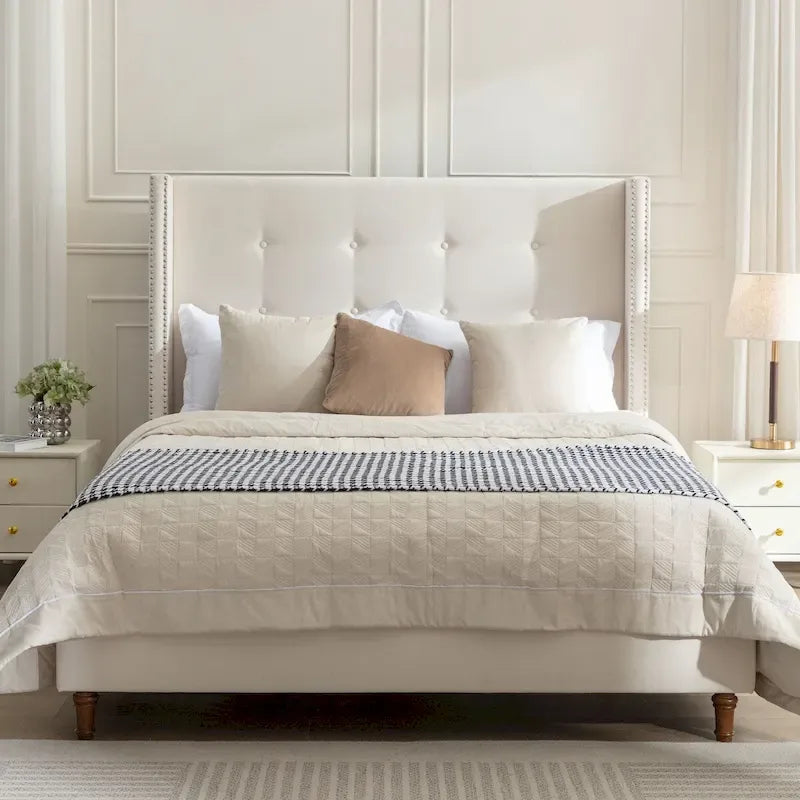 Estructura de cama con alas en terciopelo color marfil y azul – Queen/King, Para 2