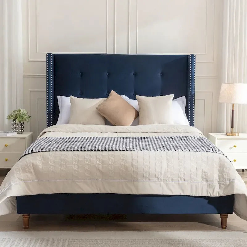 Estructura de cama con alas en terciopelo color marfil y azul – Queen/King, Para 2