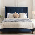 Estructura de cama con alas en terciopelo color marfil y azul – Queen/King, Para 2