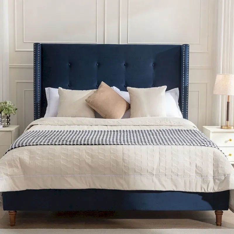 Estructura de cama con alas en terciopelo color marfil y azul – Queen/King, Para 2