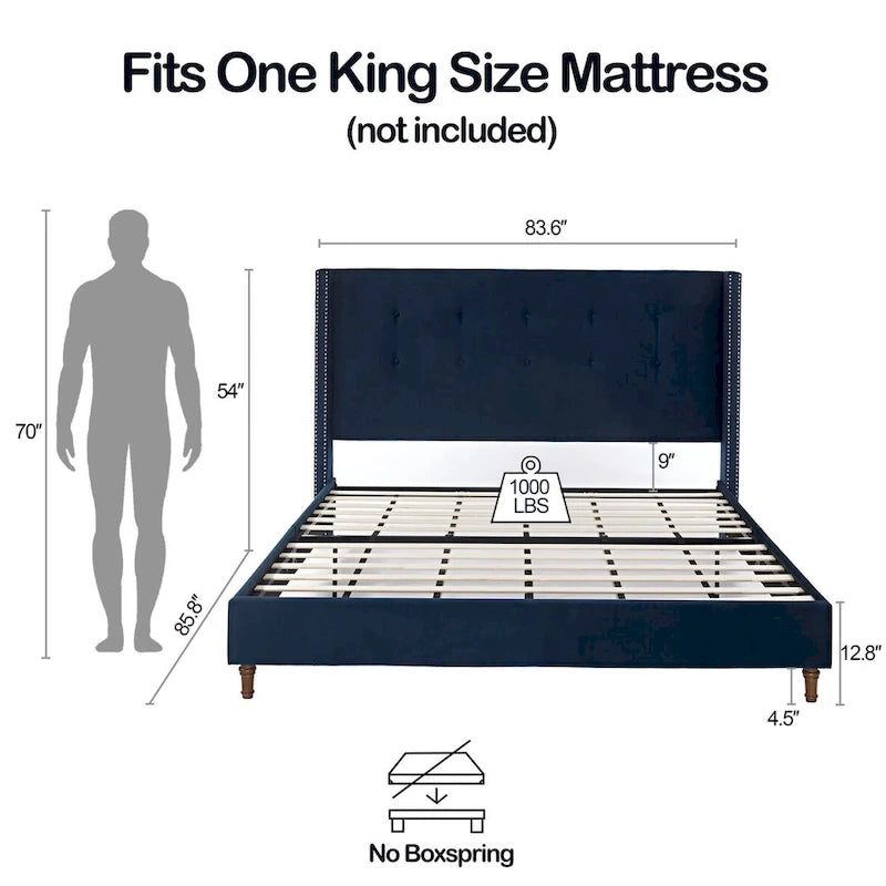 Estructura de cama con alas en terciopelo color marfil y azul – Queen/King, Para 2