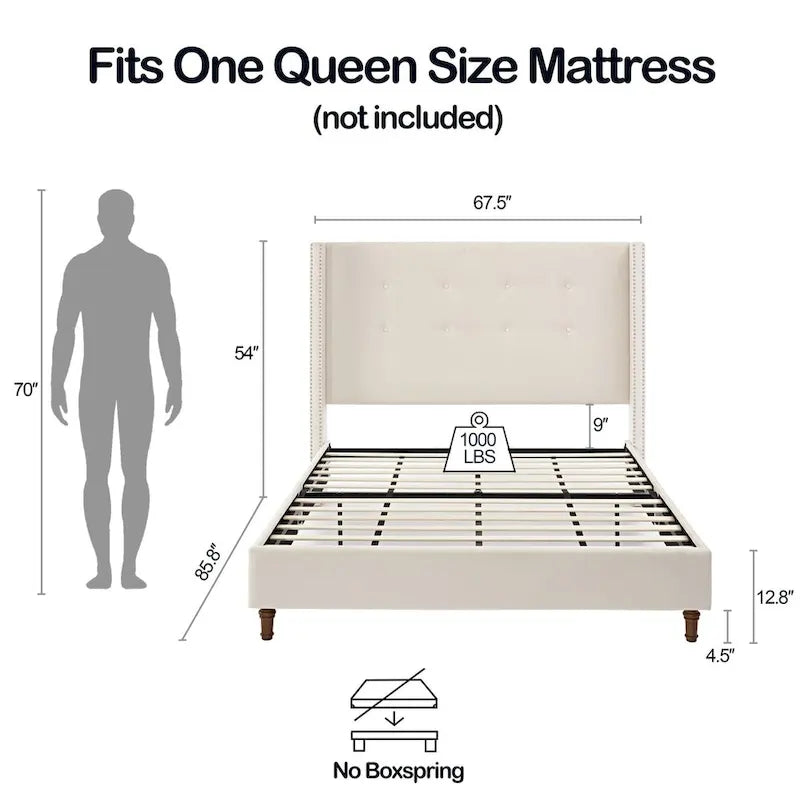 Estructura de cama con alas en terciopelo color marfil y azul – Queen/King, Para 2