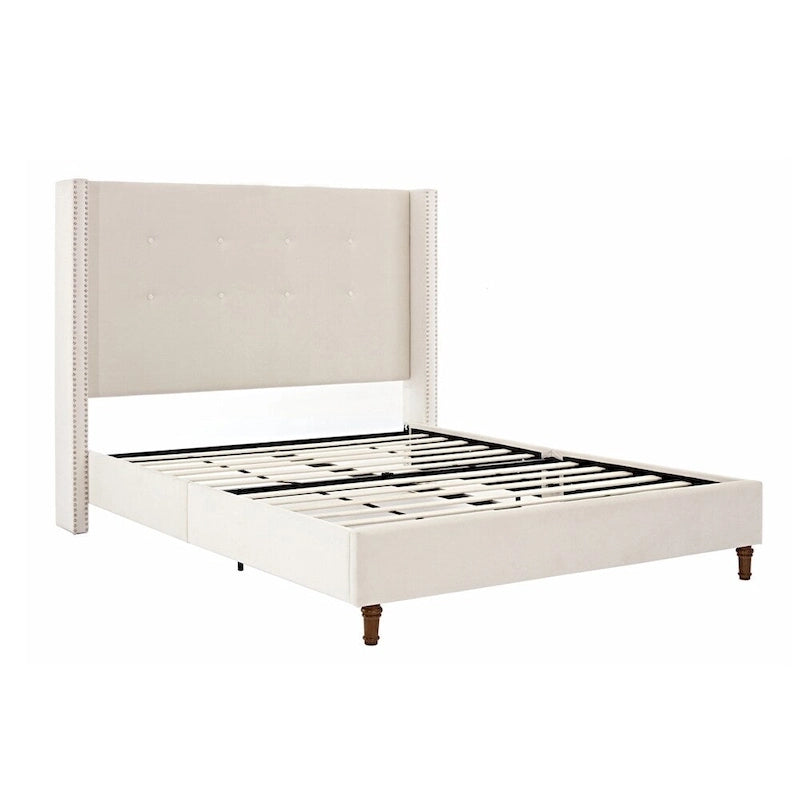 Estructura de cama con alas en terciopelo color marfil y azul – Queen/King, Para 2