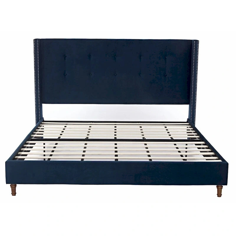 Estructura de cama con alas en terciopelo color marfil y azul – Queen/King, Para 2