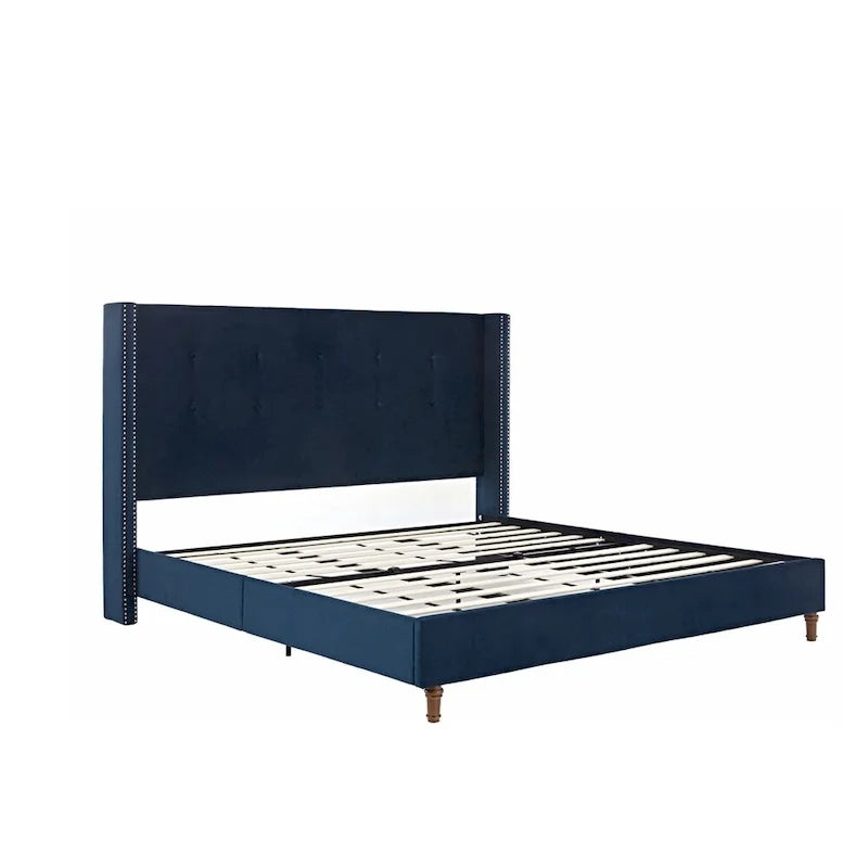 Estructura de cama con alas en terciopelo color marfil y azul – Queen/King, Para 2