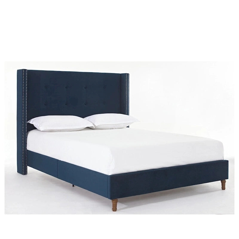 Estructura de cama con alas en terciopelo color marfil y azul – Queen/King, Para 2