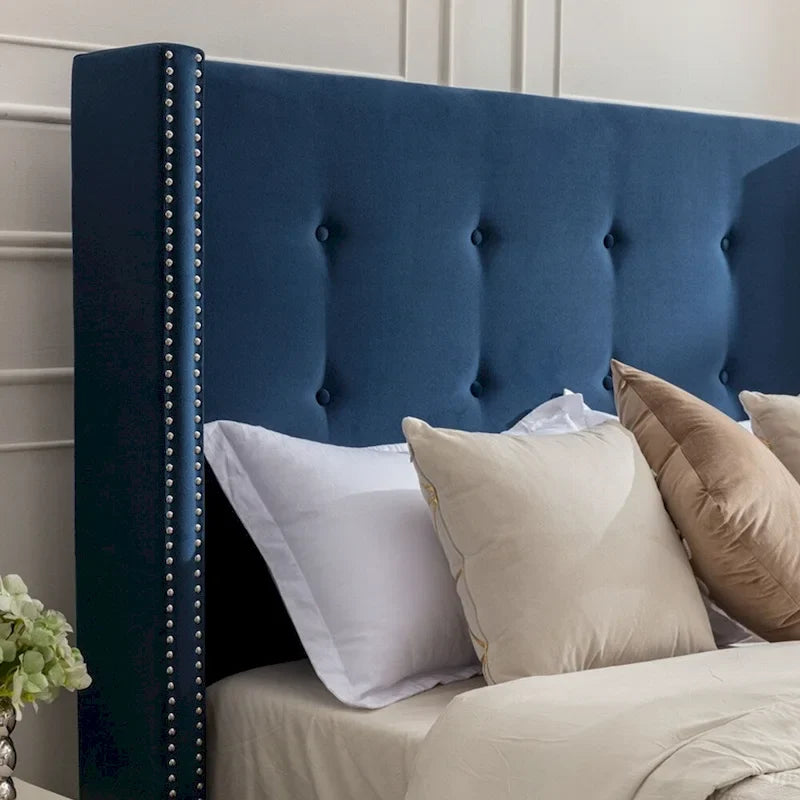 Estructura de cama con alas en terciopelo color marfil y azul – Queen/King, Para 2