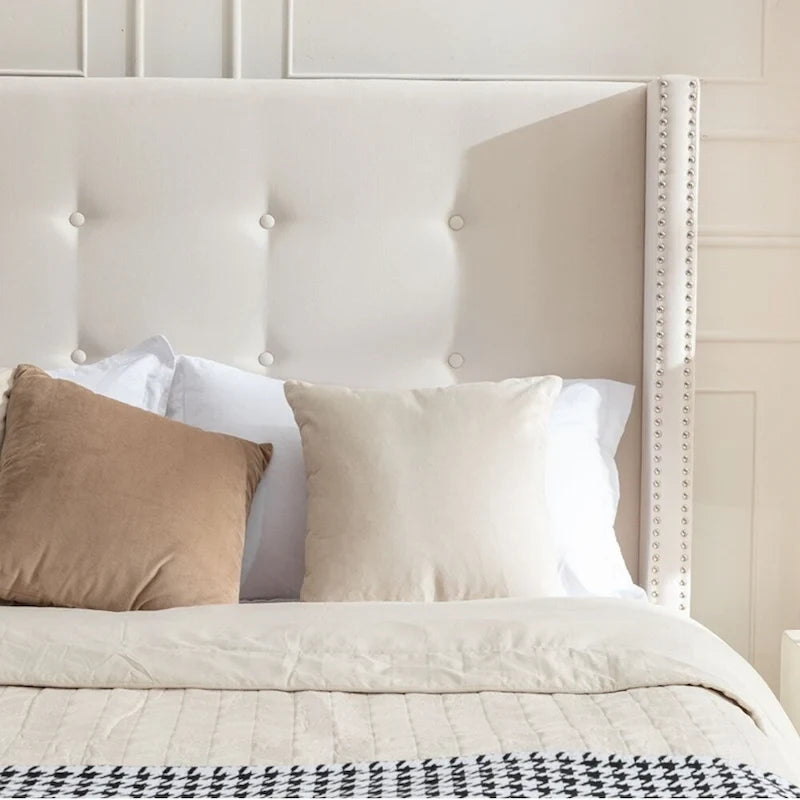 Estructura de cama con alas en terciopelo color marfil y azul – Queen/King, Para 2