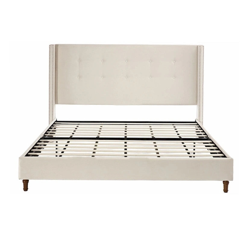 Estructura de cama con alas en terciopelo color marfil y azul – Queen/King, Para 2