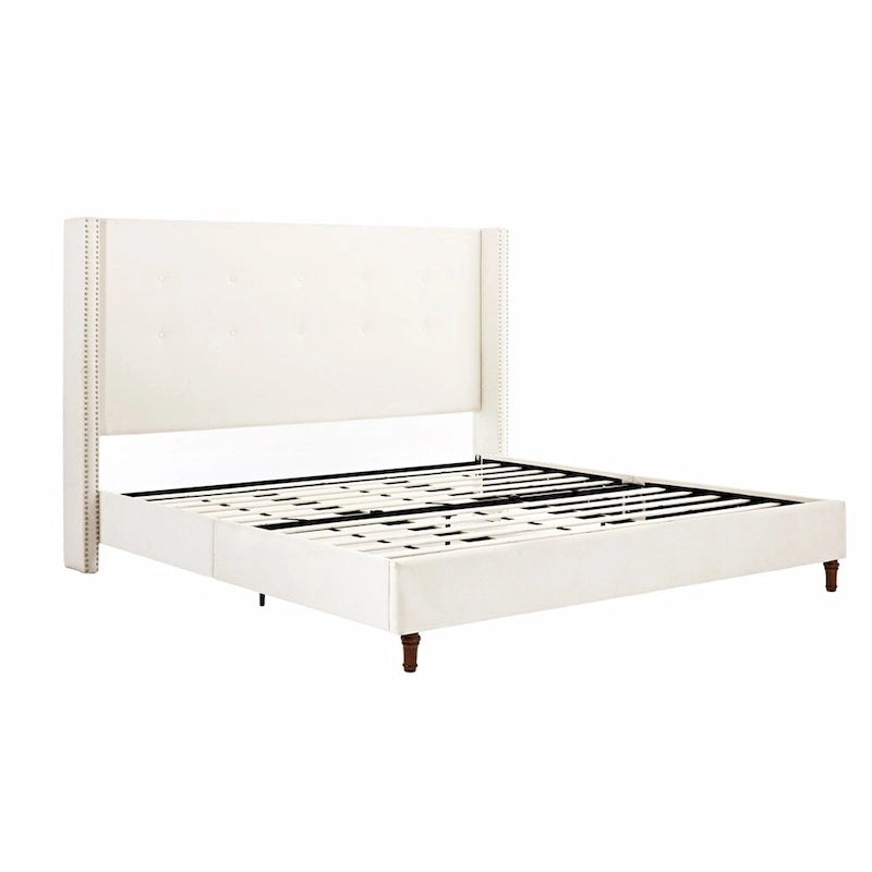 Estructura de cama con alas en terciopelo color marfil y azul – Queen/King, Para 2