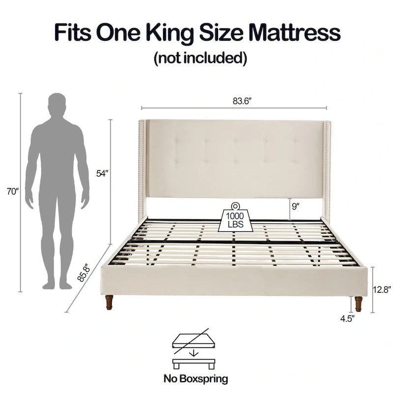 Estructura de cama con alas en terciopelo color marfil y azul – Queen/King, Para 2