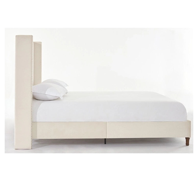 Estructura de cama con alas en terciopelo color marfil y azul – Queen/King, Para 2