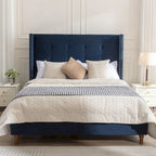 Estructura de cama con alas en terciopelo color marfil y azul – Queen/King, Para 2