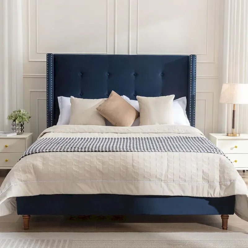 Estructura de cama con alas en terciopelo color marfil y azul – Queen/King, Para 2
