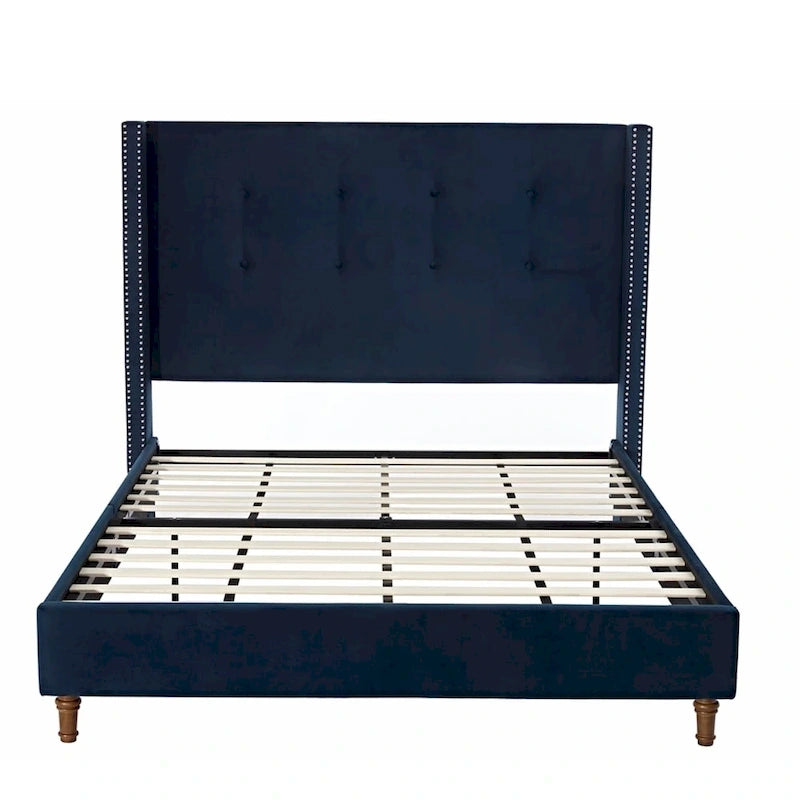 Estructura de cama con alas en terciopelo color marfil y azul – Queen/King, Para 2