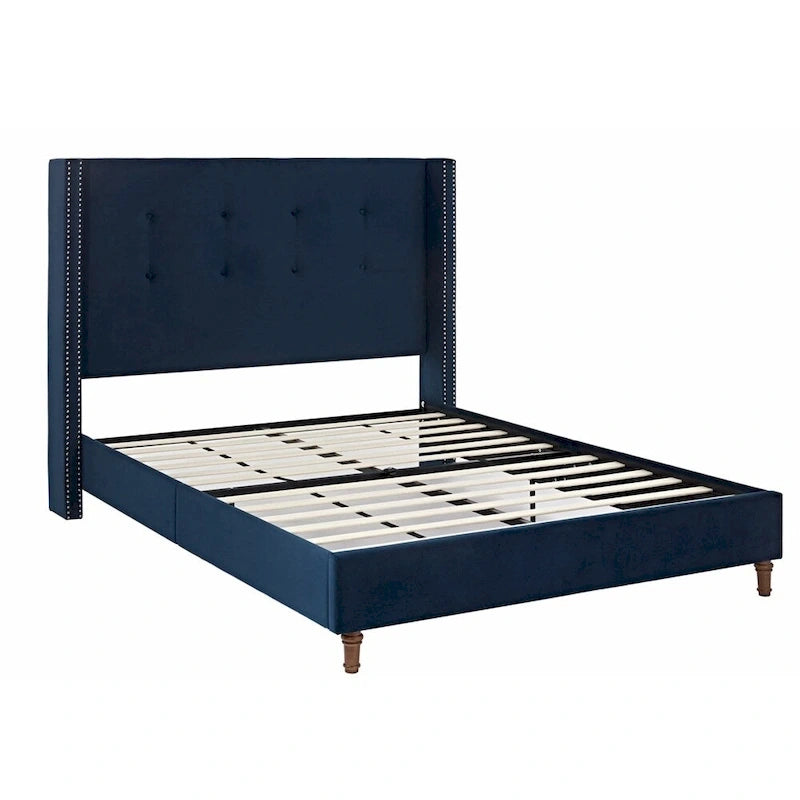 Estructura de cama con alas en terciopelo color marfil y azul – Queen/King, Para 2