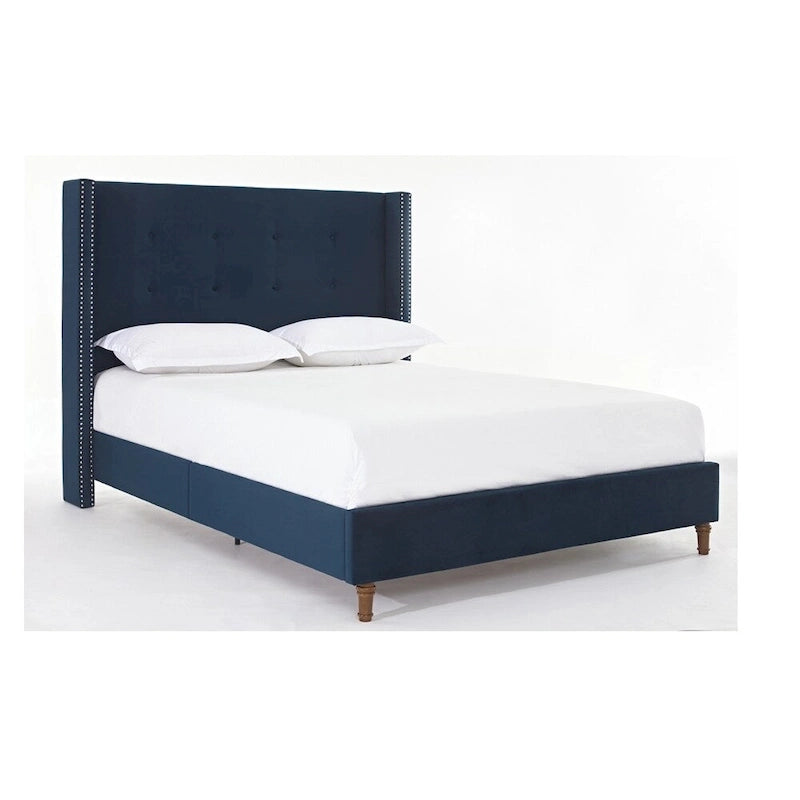 Estructura de cama con alas en terciopelo color marfil y azul – Queen/King, Para 2