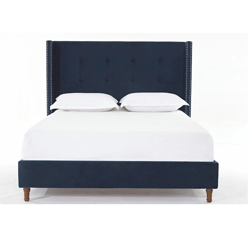 Estructura de cama con alas en terciopelo color marfil y azul – Queen/King, Para 2
