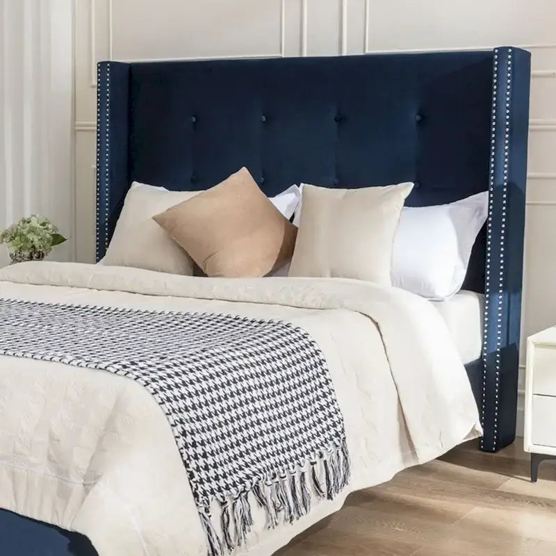 Estructura de cama con alas en terciopelo color marfil y azul – Queen/King, Para 2