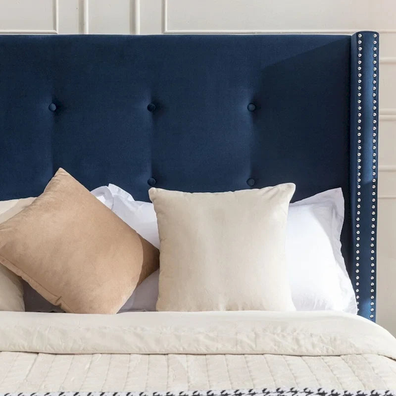 Estructura de cama con alas en terciopelo color marfil y azul – Queen/King, Para 2