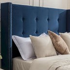 Estructura de cama con alas en terciopelo color marfil y azul – Queen/King, Para 2