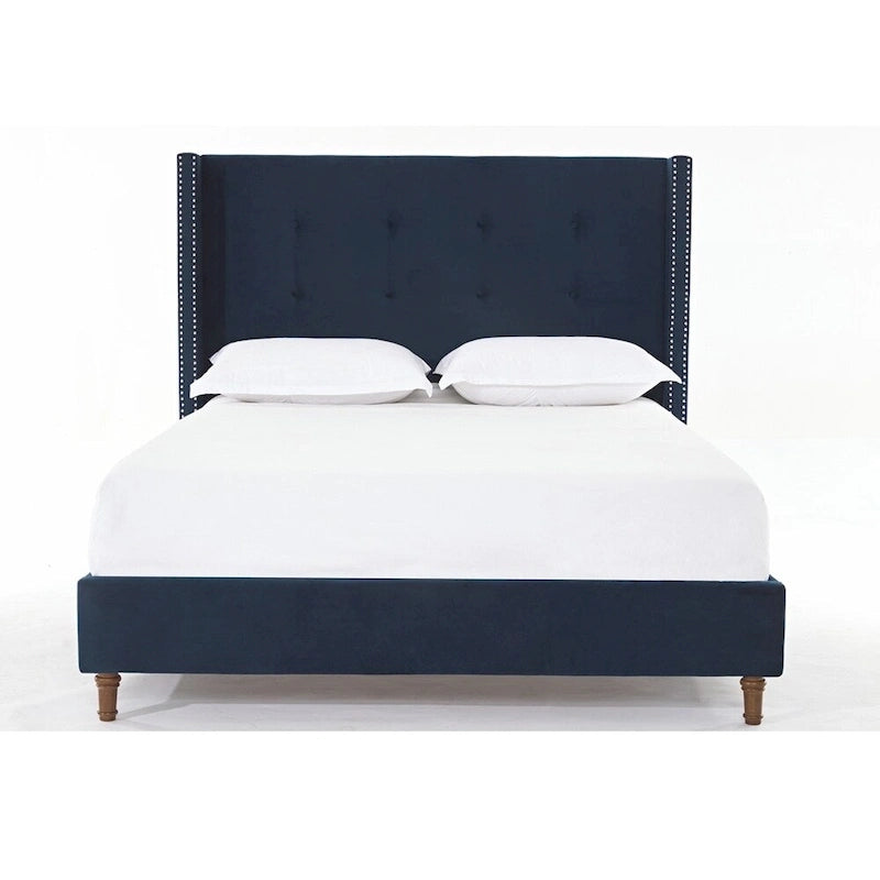 Estructura de cama con alas en terciopelo color marfil y azul – Queen/King, Para 2