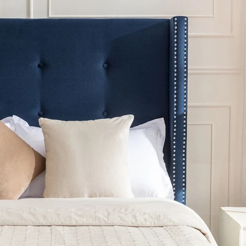 Estructura de cama con alas en terciopelo color marfil y azul – Queen/King, Para 2