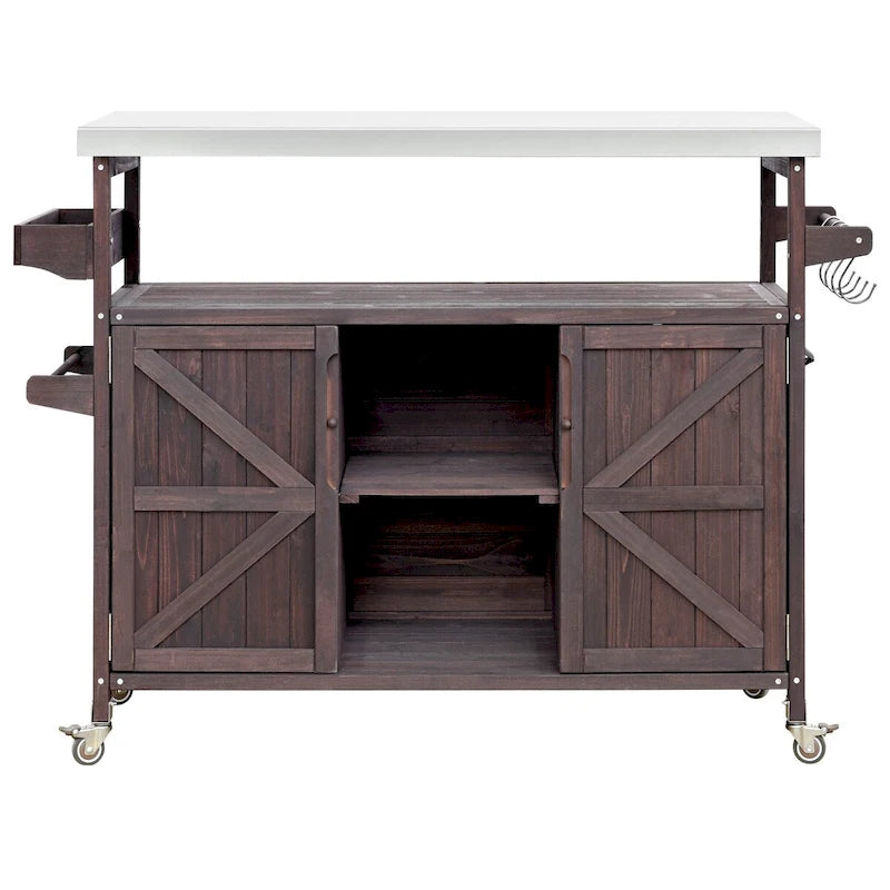 Mesa para parrilla de exterior de madera maciza rústica, color marrón oscuro/azul grisáceo/natural, con superficie de acero inoxidable, 1 estación