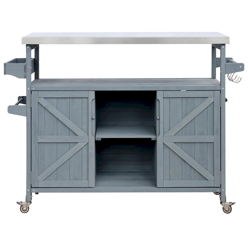 Mesa para parrilla de exterior de madera maciza rústica, color marrón oscuro/azul grisáceo/natural, con superficie de acero inoxidable, 1 estación
