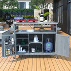 Mesa para parrilla de exterior de madera maciza rústica, color marrón oscuro/azul grisáceo/natural, con superficie de acero inoxidable, 1 estación