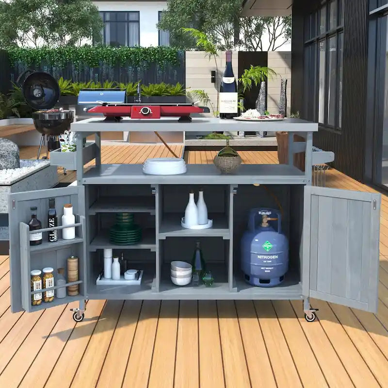 Mesa para parrilla de exterior de madera maciza rústica, color marrón oscuro/azul grisáceo/natural, con superficie de acero inoxidable, 1 estación