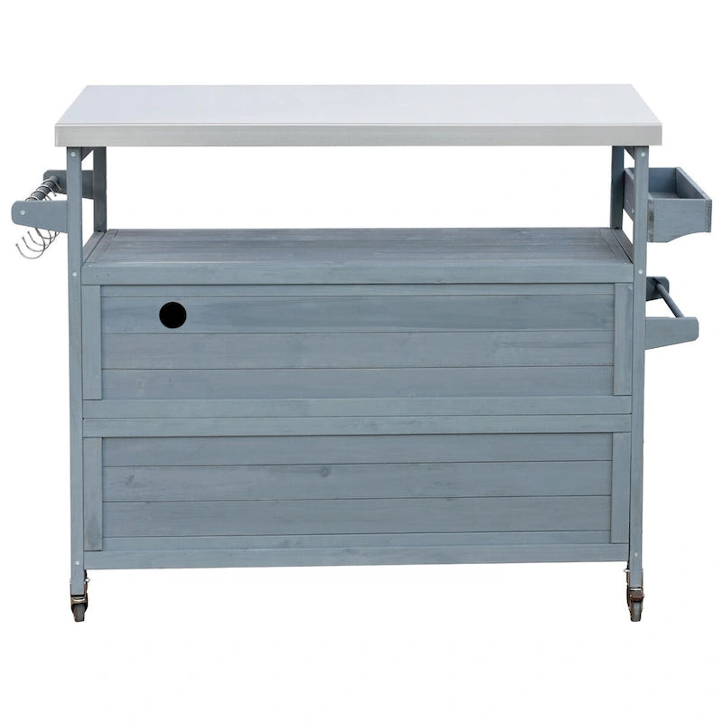 Mesa para parrilla de exterior de madera maciza rústica, color marrón oscuro/azul grisáceo/natural, con superficie de acero inoxidable, 1 estación