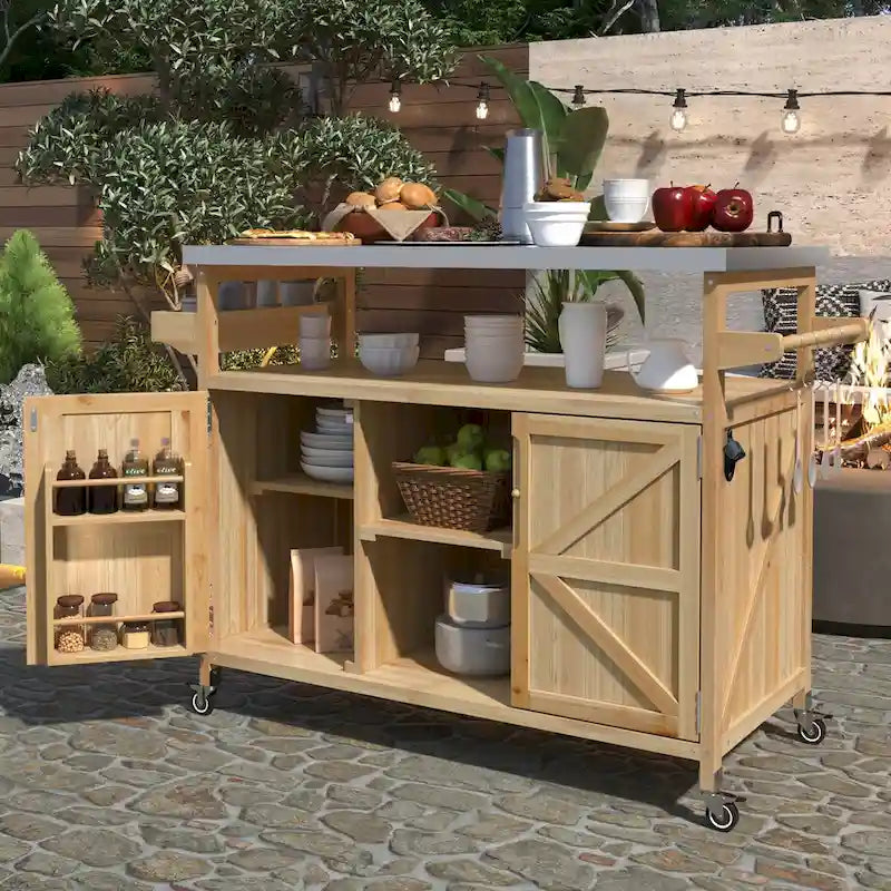 Mesa para parrilla de exterior de madera maciza rústica, color marrón oscuro/azul grisáceo/natural, con superficie de acero inoxidable, 1 estación