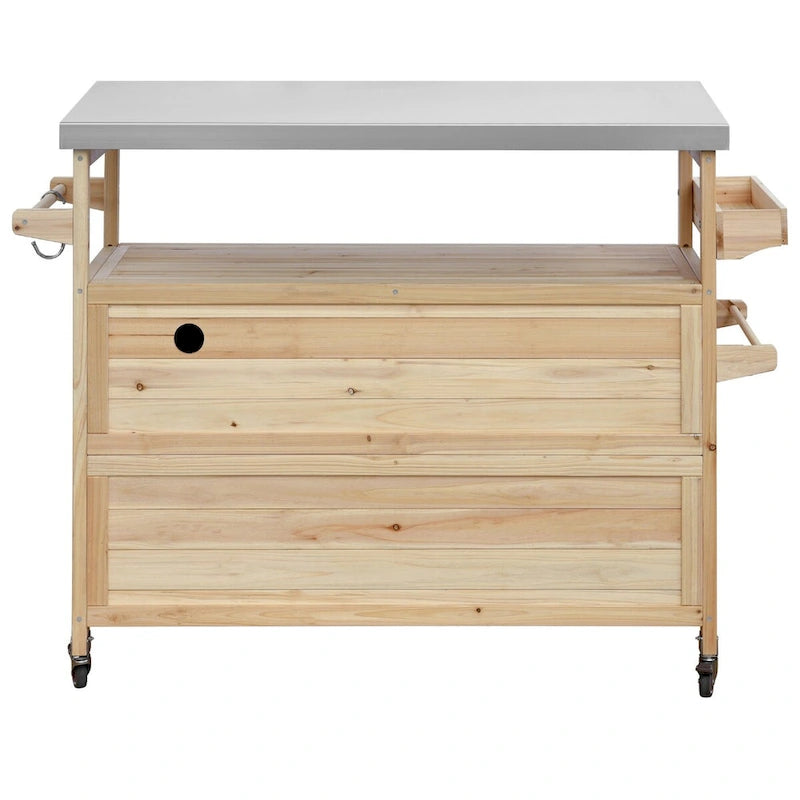Mesa para parrilla de exterior de madera maciza rústica, color marrón oscuro/azul grisáceo/natural, con superficie de acero inoxidable, 1 estación