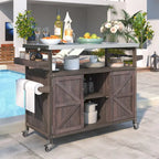 Mesa para parrilla de exterior de madera maciza rústica, color marrón oscuro/azul grisáceo/natural, con superficie de acero inoxidable, 1 estación