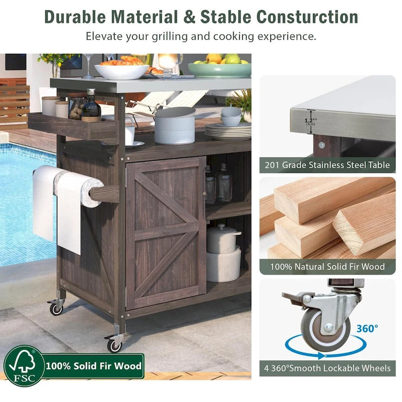 Mesa para parrilla de exterior de madera maciza rústica, color marrón oscuro/azul grisáceo/natural, con superficie de acero inoxidable, 1 estación