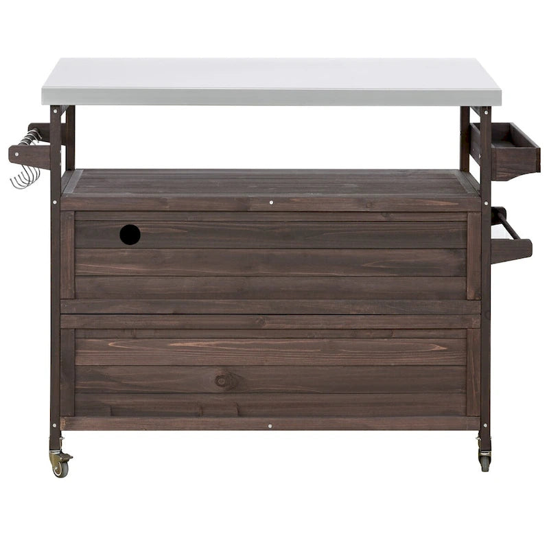 Mesa para parrilla de exterior de madera maciza rústica, color marrón oscuro/azul grisáceo/natural, con superficie de acero inoxidable, 1 estación