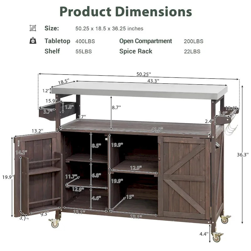 Mesa para parrilla de exterior de madera maciza rústica, color marrón oscuro/azul grisáceo/natural, con superficie de acero inoxidable, 1 estación