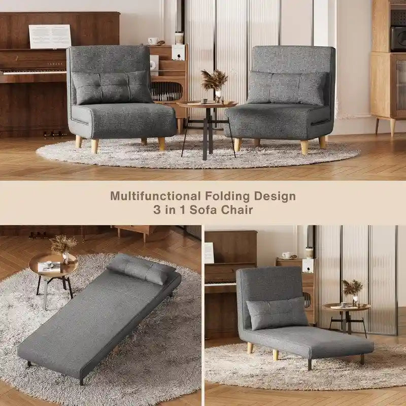 Sillón cama convertible 3 en 1 de lino gris, individual