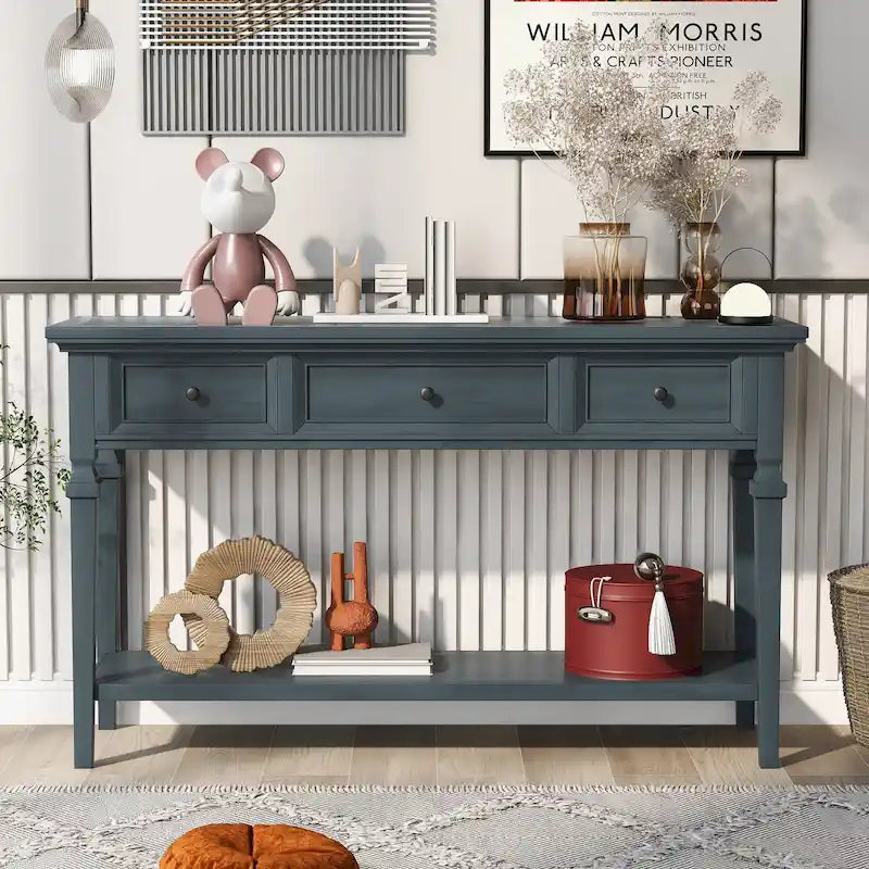 Mesa consola retro con 3 cajones, en azul marino/blanco antiguo/gris lavado/espresso, requiere montaje de 1 persona