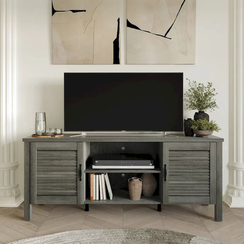 Mueble de TV de 2 puertas con persiana marrón/gris/roble claro, para TV de hasta 60", 1 habitación