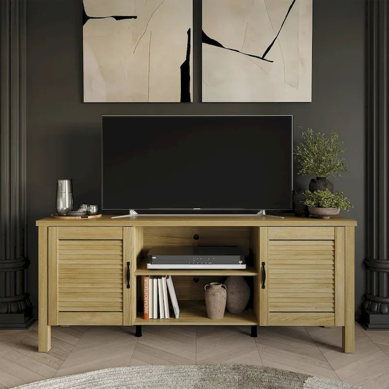 Mueble de TV de 2 puertas con persiana marrón/gris/roble claro, para TV de hasta 60", 1 habitación