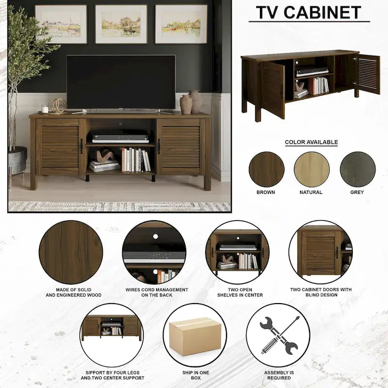 Mueble de TV de 2 puertas con persiana marrón/gris/roble claro, para TV de hasta 60", 1 habitación