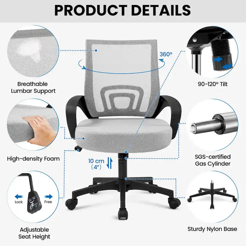 Silla de oficina ergonómica giratoria con respaldo de malla – Gris oscuro / Rojo / Gris / Azul / Negro / Morado, Unidad