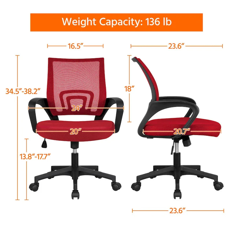 Silla de oficina ergonómica giratoria con respaldo de malla – Gris oscuro / Rojo / Gris / Azul / Negro / Morado, Unidad