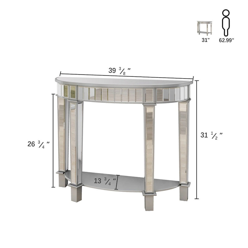Mesa de consola de media luna plateada con estante, 1 persona