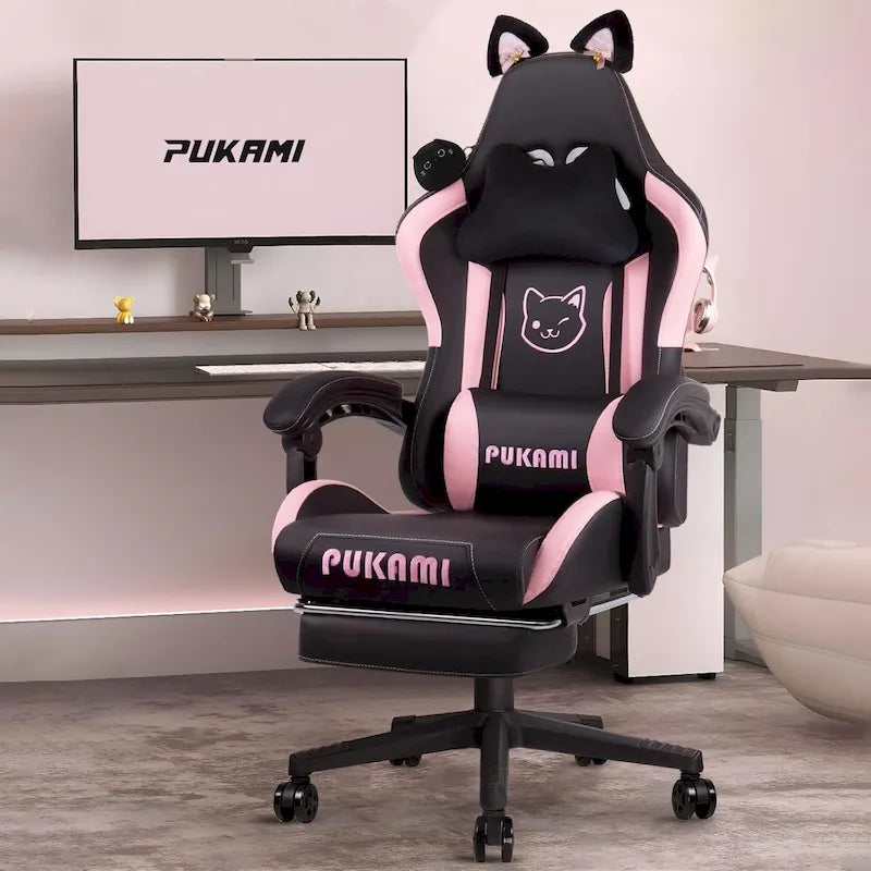 Silla Gaming Negra/Rosa con Orejas de Gato y Reposapiés, Reclinable, para 1 Persona
