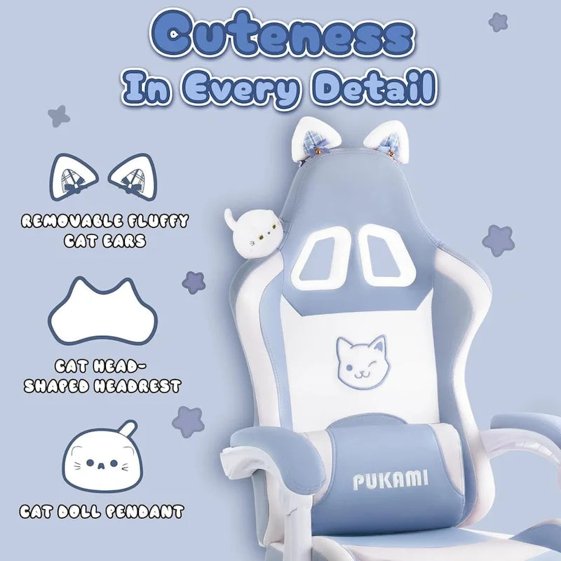 Silla Gaming Negra/Rosa con Orejas de Gato y Reposapiés, Reclinable, para 1 Persona